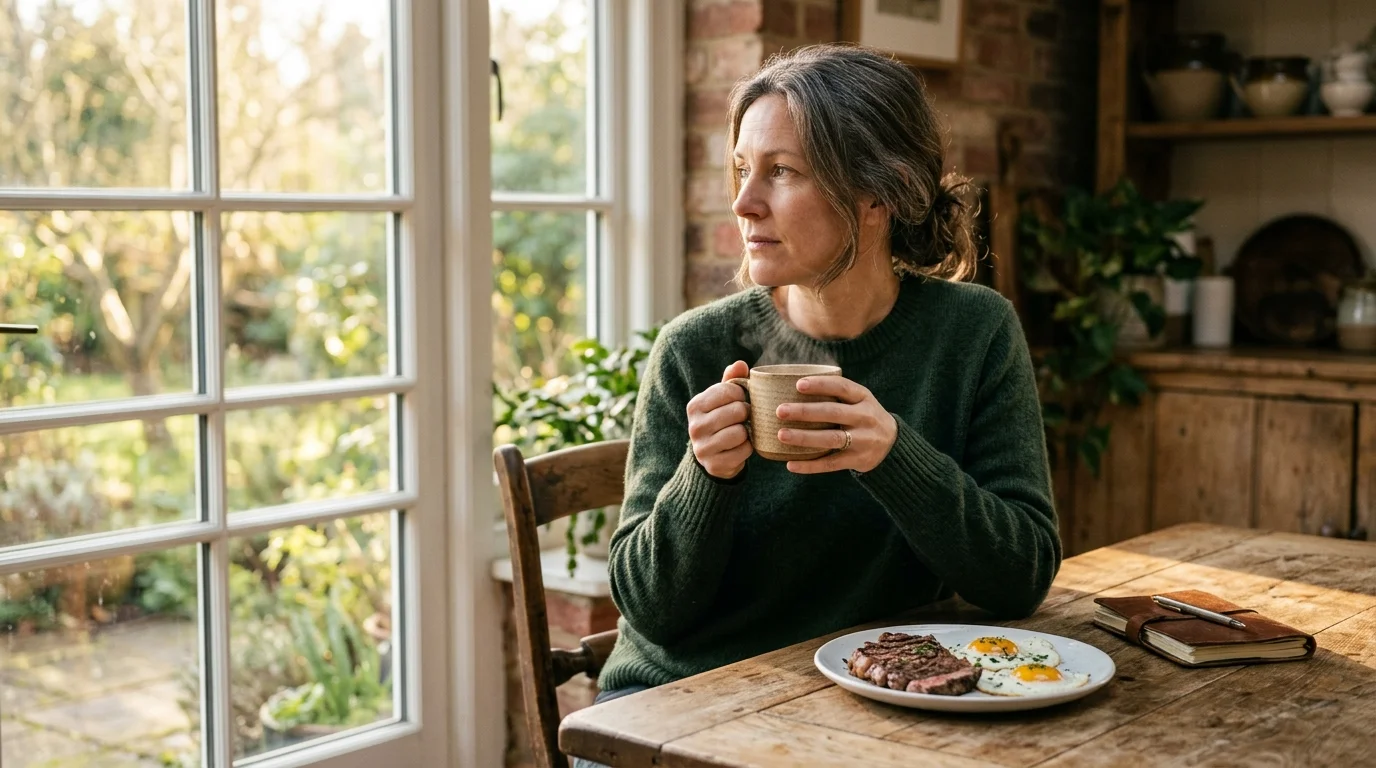 A woman sitting at a kitchen table holding a mug of bone broth, looking thoughtful, with a simple meal of steak and eggs nearby in warm morning light