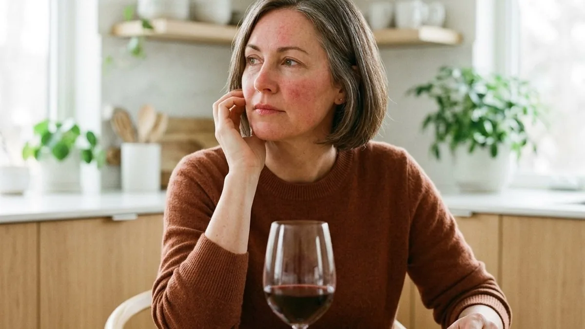 A woman in her late 40s at a kitchen table, pausing thoughtfully over a meal with a glass of red wine, one hand near a lightly flushed cheek in soft natural window light
